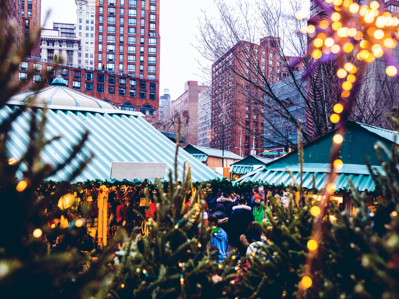 People visiting Christmas Market stands in Union Square in Midtown Manhattan.