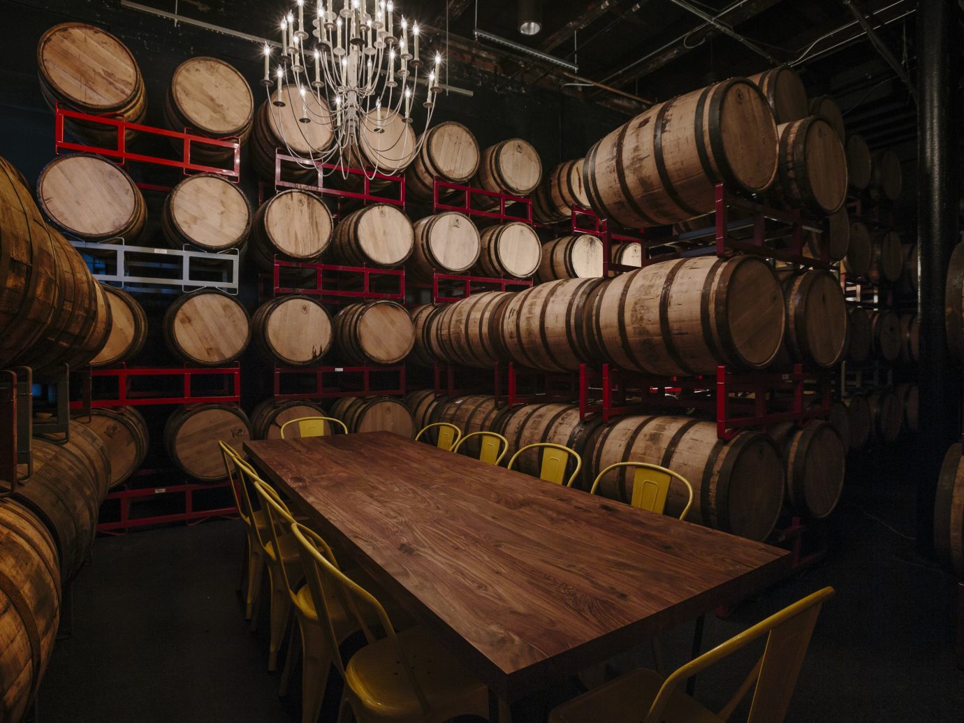 Barrels surrounding a table at the Bully Boy Distillery in Boston