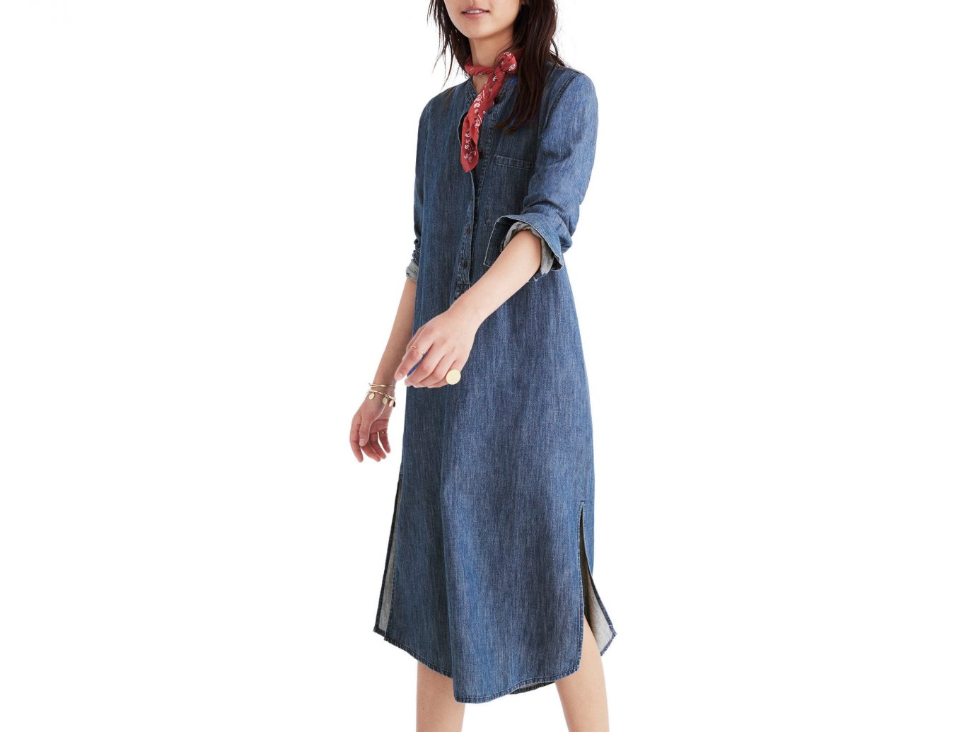 Style + Design clothing person denim jeans day dress wearing dress fashion model neck posing sleeve button