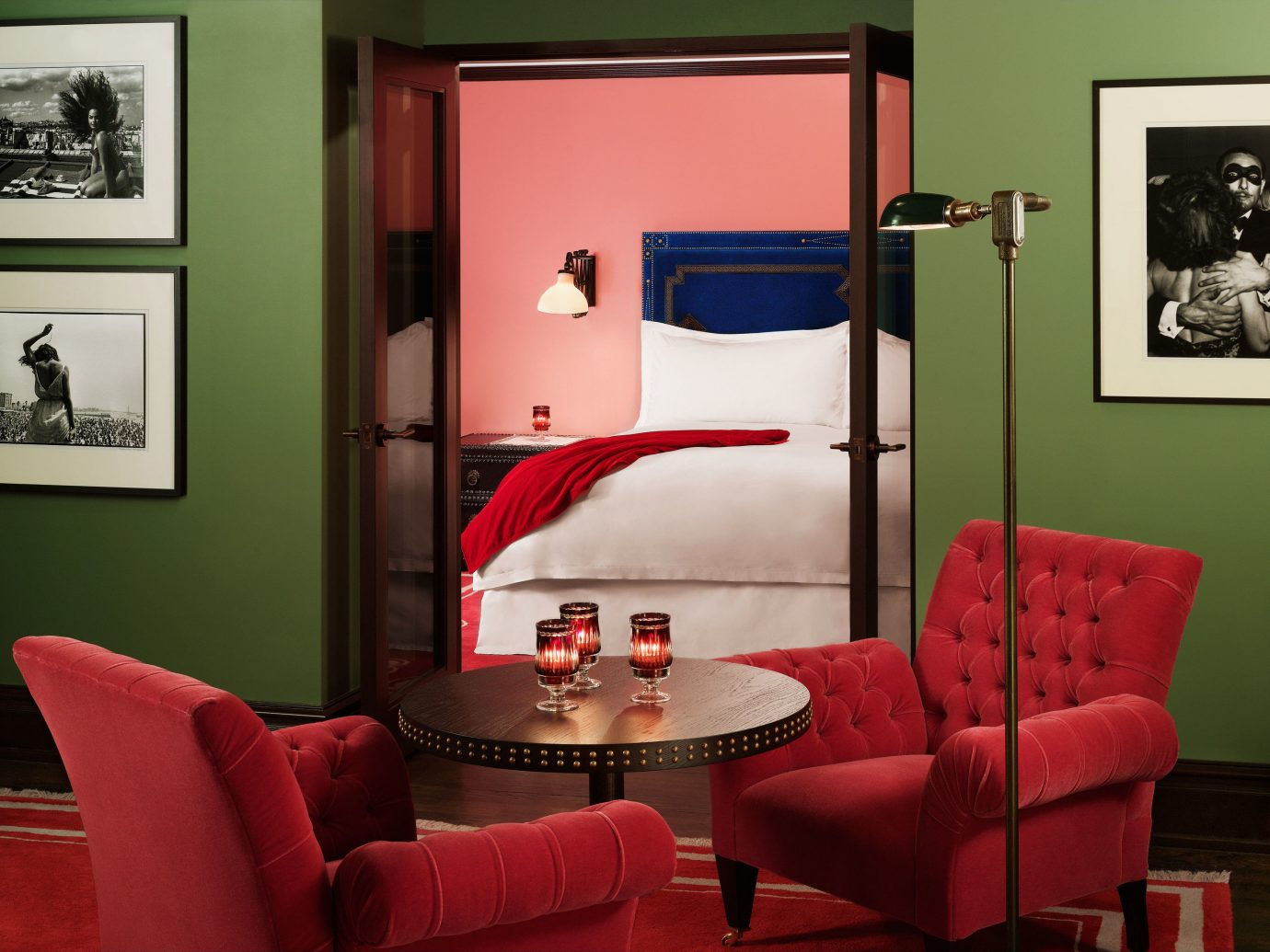 Gramercy Park Hotel, Hotels Luxury Travel NYC Romance Romantic Hotels indoor wall sofa Living room red color floor living room furniture interior design home Suite Design leather decorated