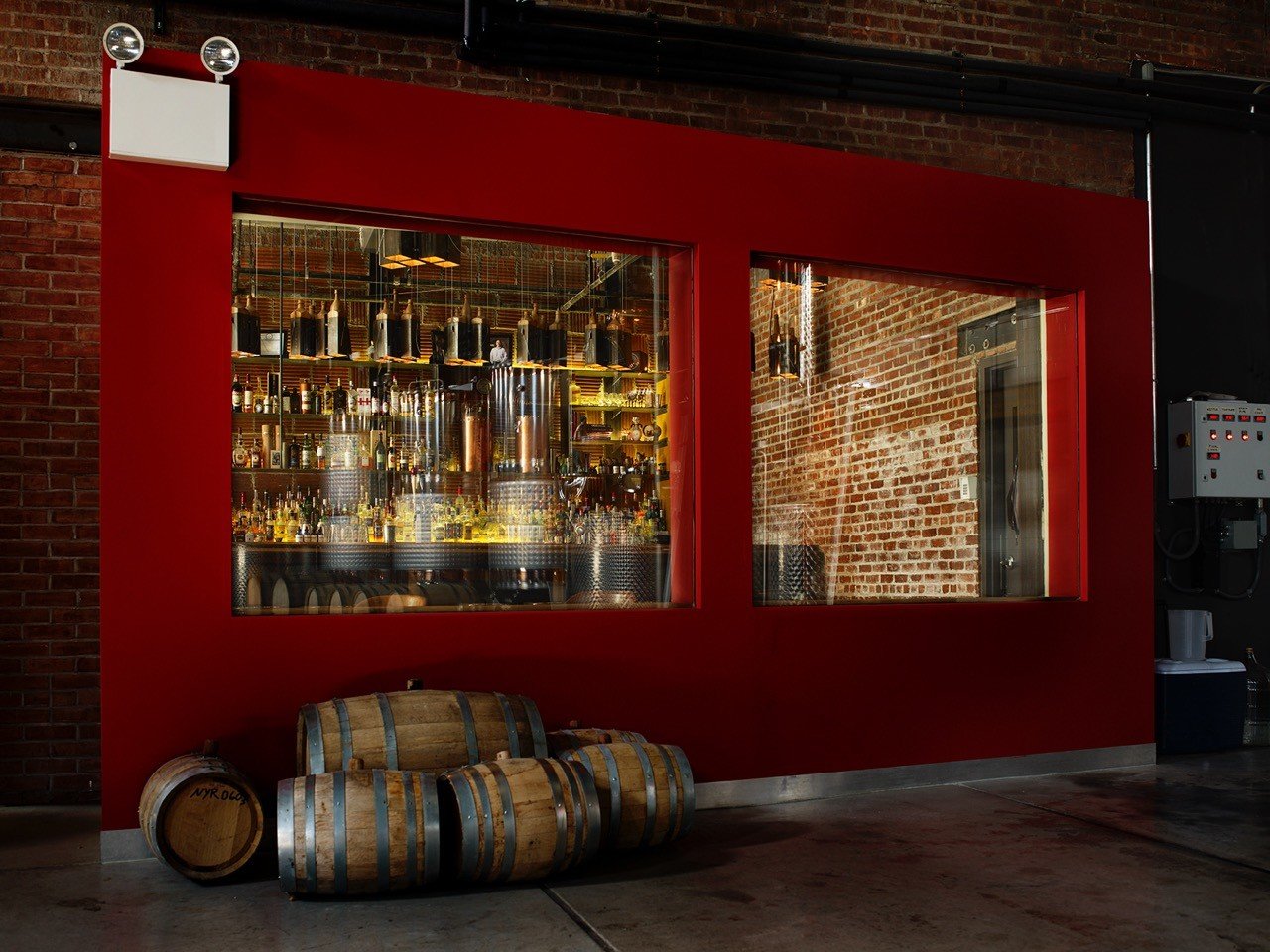 Brooklyn Food + Drink red interior design window display window facade basement