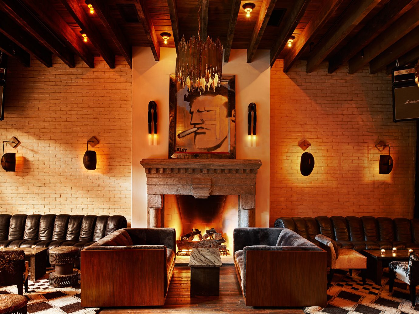 Boutique City Fireplace Hotels Lobby Lounge Modern Style + Design indoor wall man made object room ceiling Living restaurant furniture area