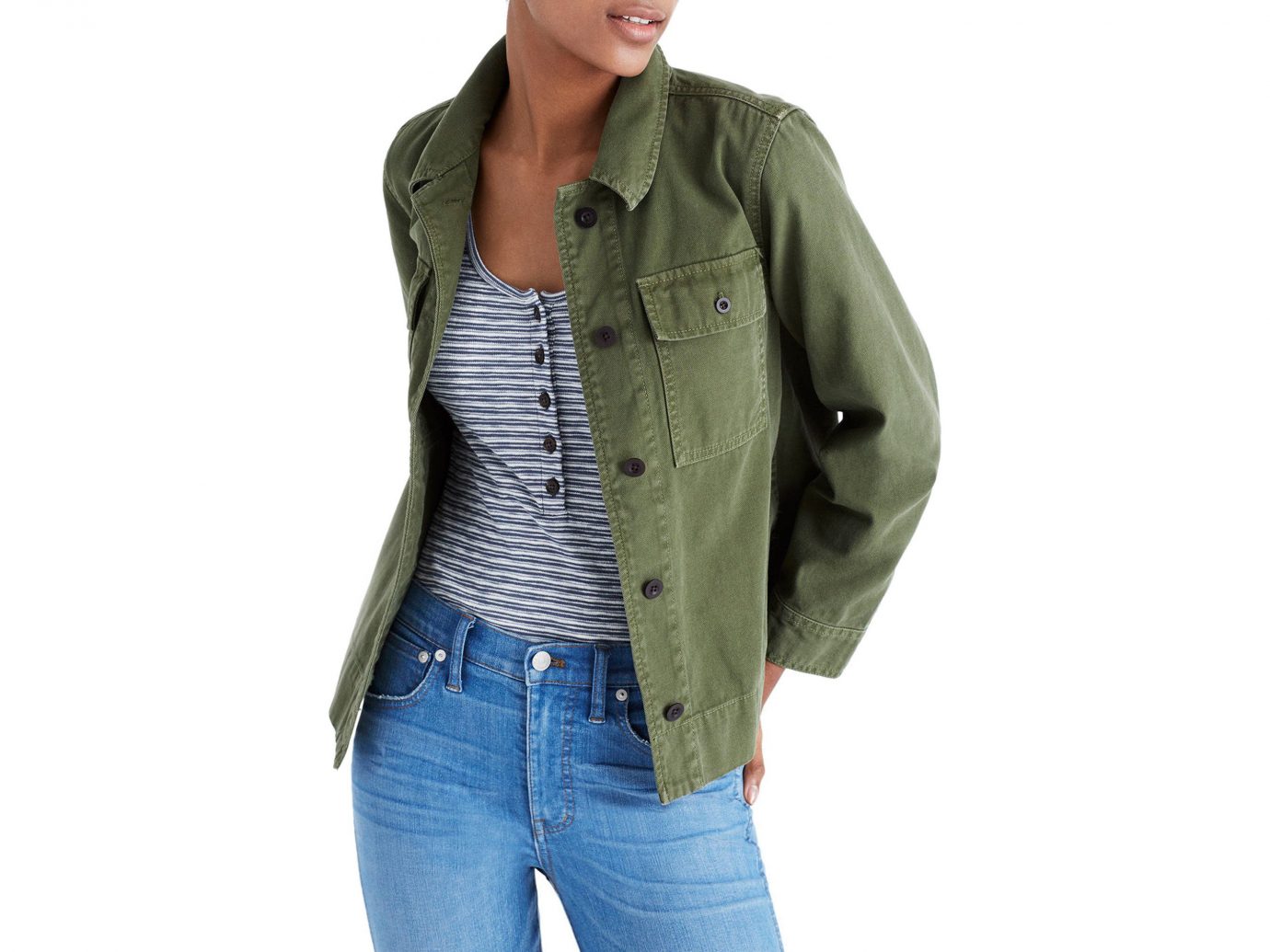 Style + Design person jacket wearing smiling posing green sleeve product jeans