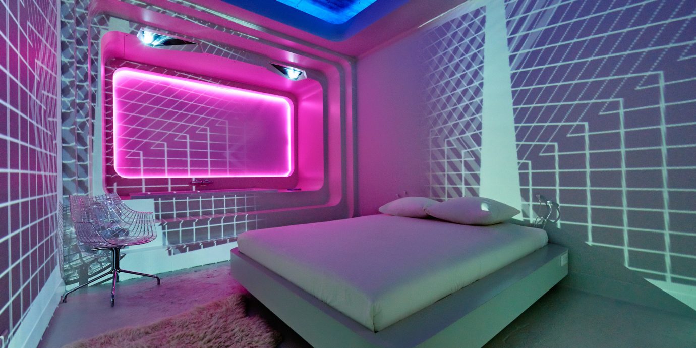 artistic artsy bed Bedroom contemporary futuristic Hotels lights Modern neon floor indoor pink swimming pool room green interior design