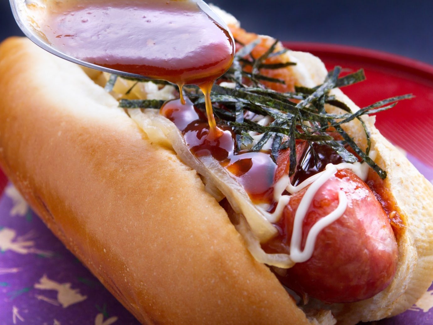 Food + Drink food hot Dog dish plate meal hot dog cuisine meat sandwich snack food close toppings