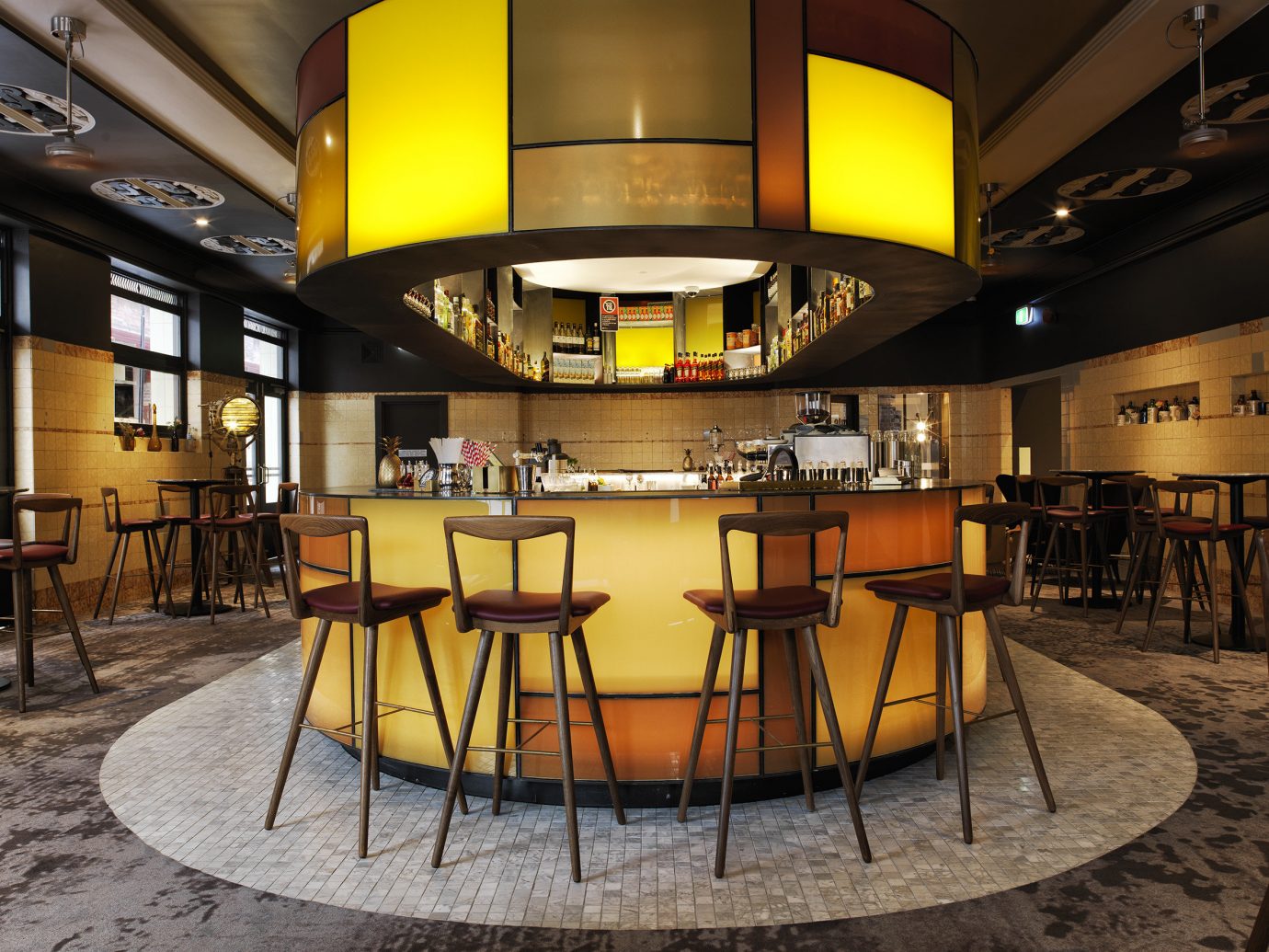 Trip Ideas chair yellow indoor man made object Lobby ceiling interior design lighting Dining Bar restaurant estate Design area