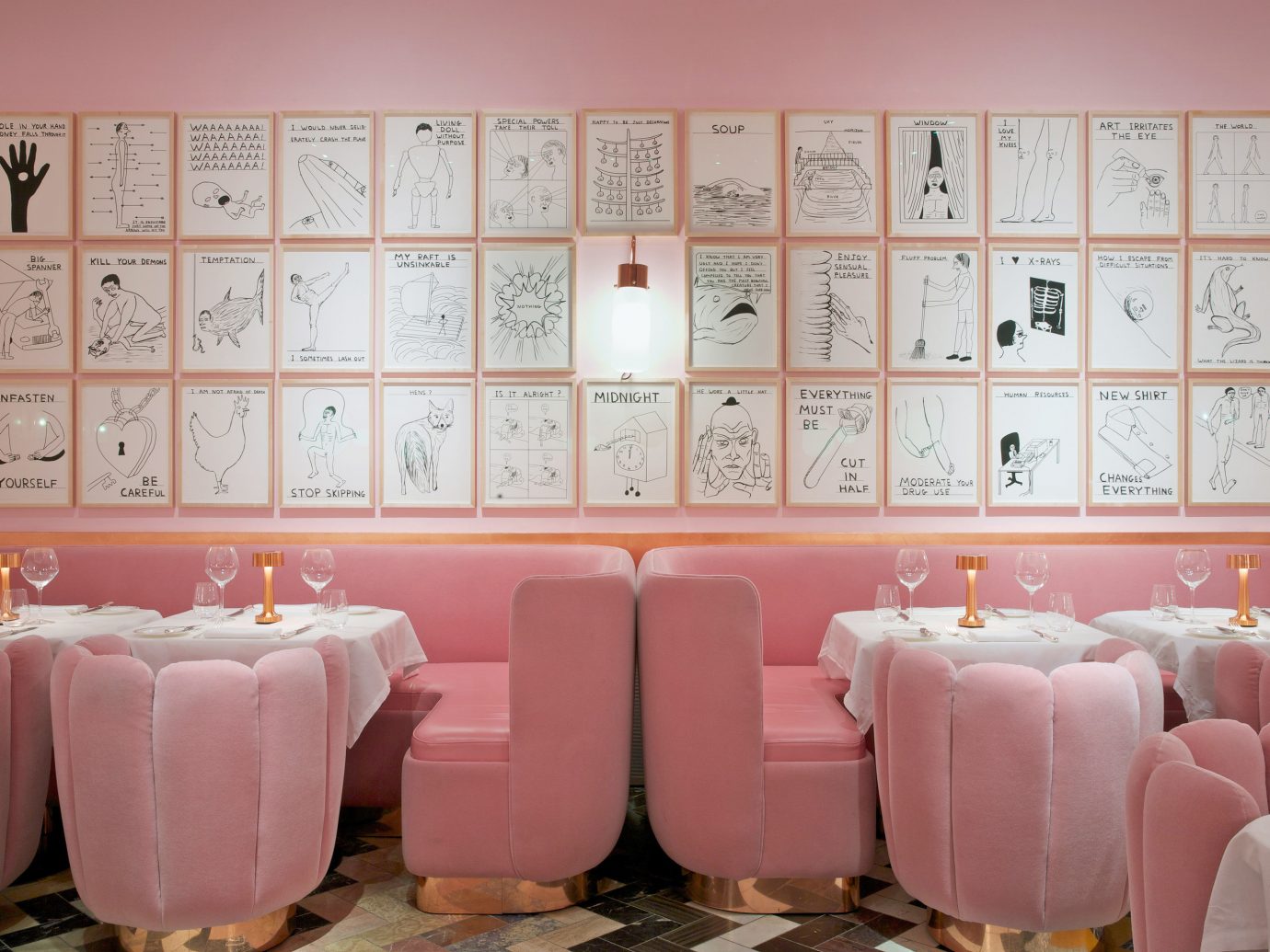 Sketch London pink walls and velvet banquette seating