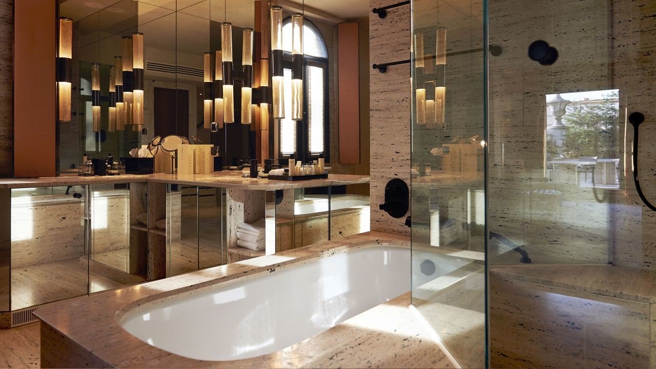 Hotels Italy Milan bathroom indoor interior design countertop sink flooring floor Lobby estate counter area