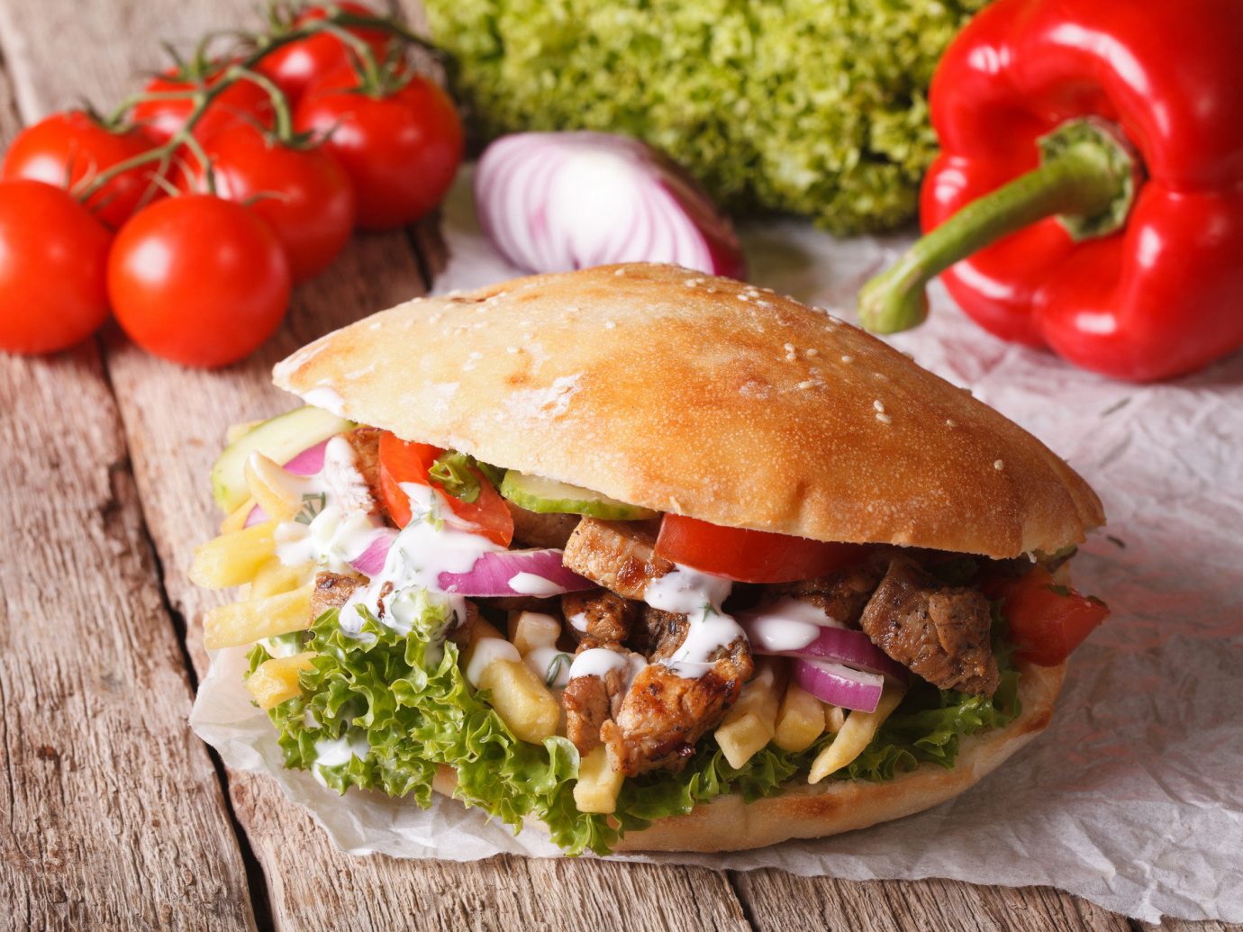 Food + Drink food dish sandwich veggie burger meat cuisine tomato snack food meal produce vegetable fresh
