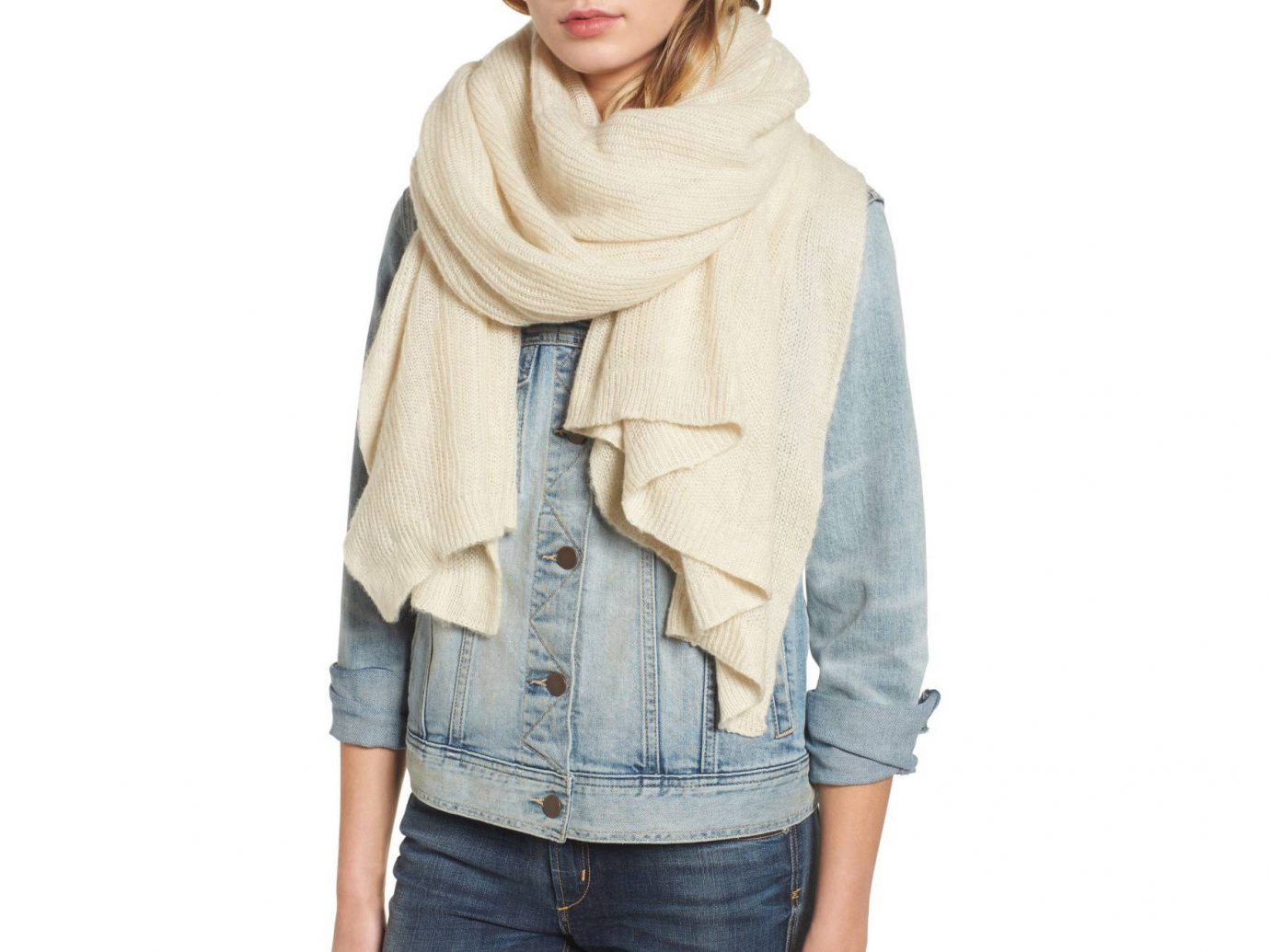 Travel Shop person clothing wearing stole scarf jacket beige neck posing