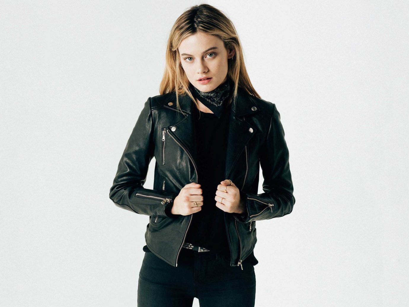 Style + Design person clothing jacket woman leather leather jacket overcoat outerwear textile sleeve collar coat fur material blazer suit posing