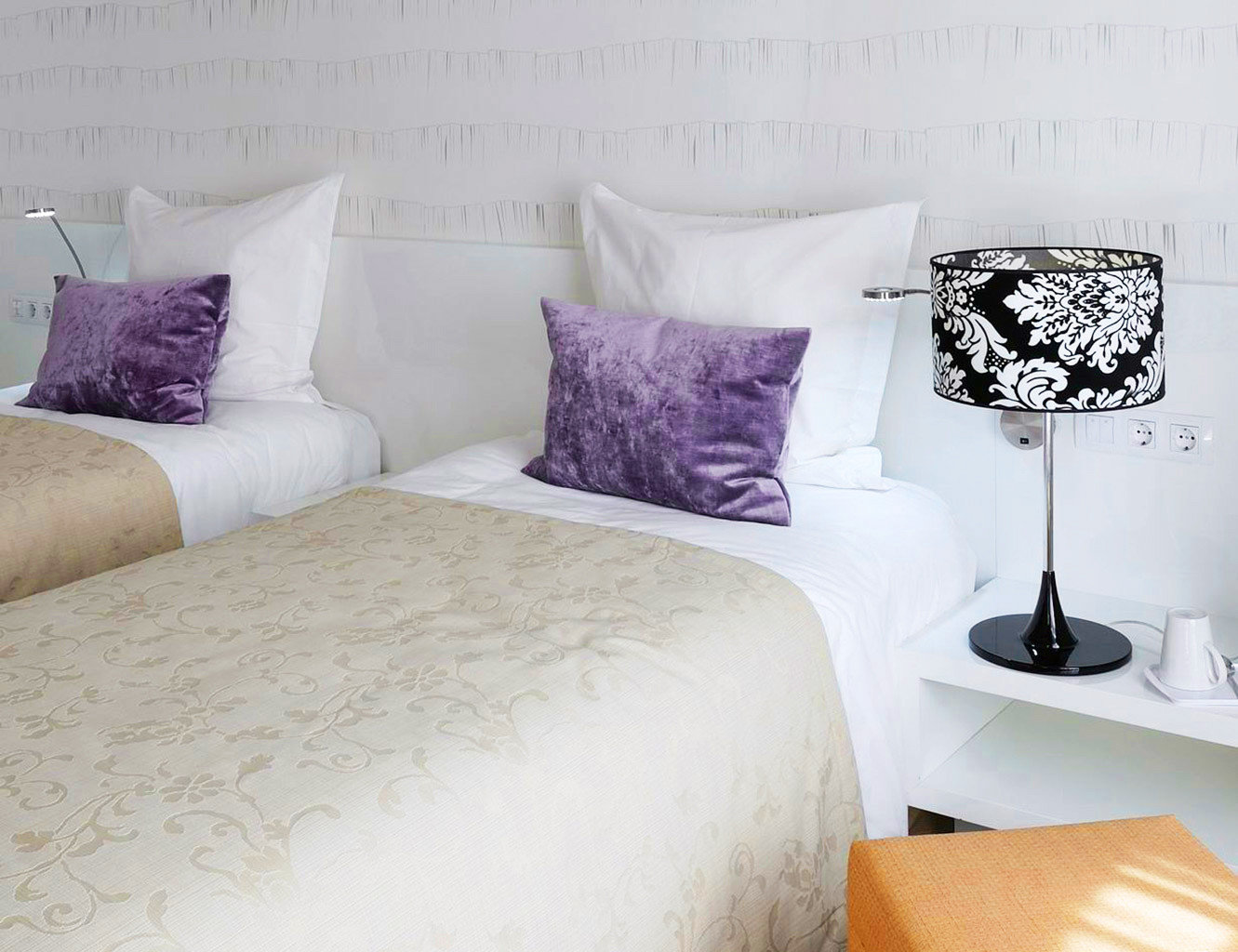 Bedroom Modern sofa pillow duvet cover bed sheet textile material lamp night colored tan