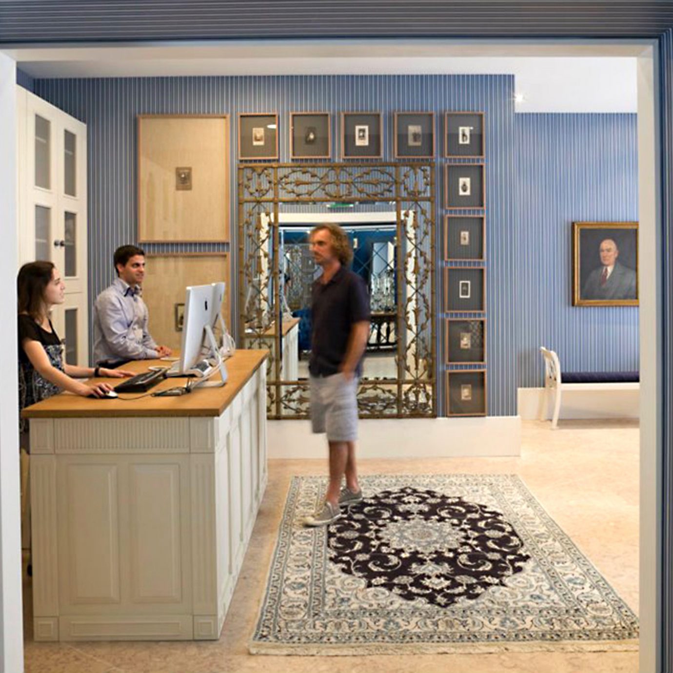 Boutique Lobby Lounge blue curtain home house living room hall door window treatment flooring