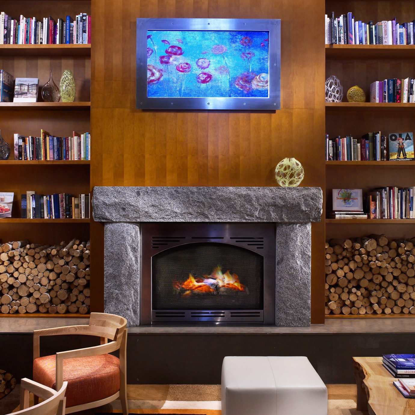 Budget City Fireplace Lobby shelf book living room home hardwood recreation room