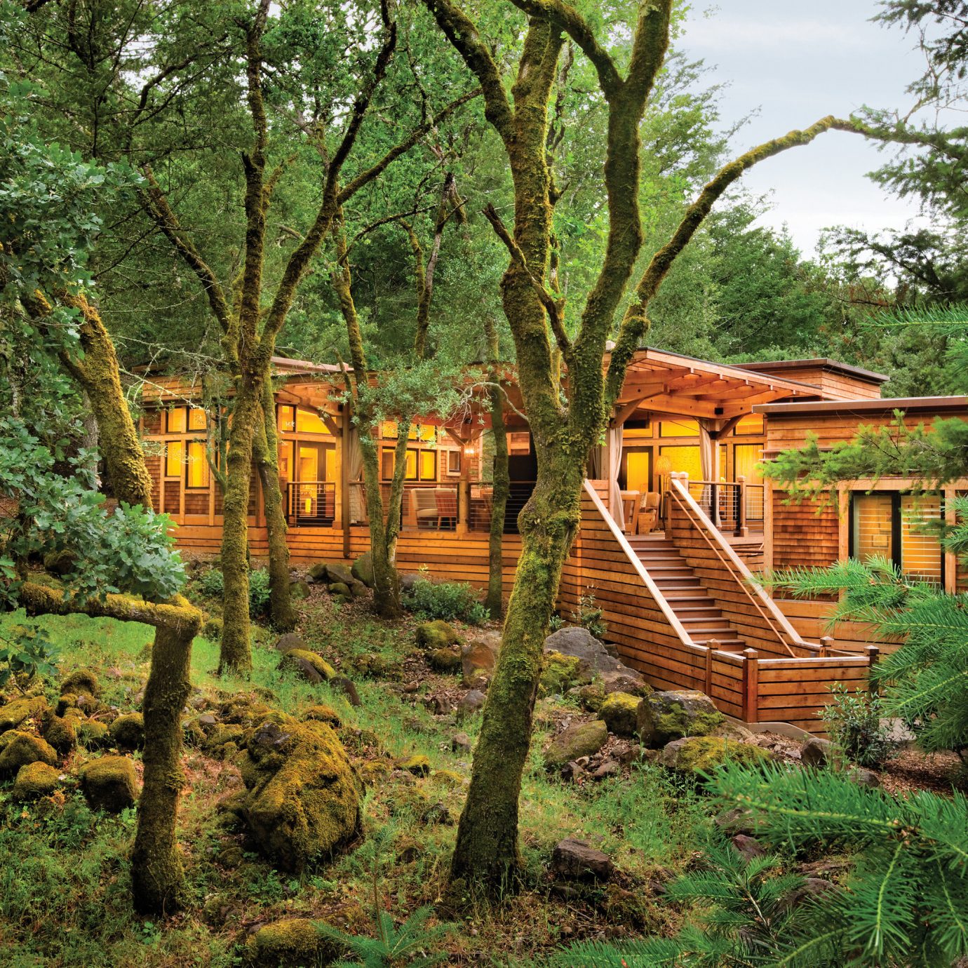 Eco Exterior Food + Drink Health + Wellness Hotels Luxury Outdoors Ranch Romance Romantic Rustic Spa Retreats Trip Ideas Wellness tree grass park Forest plant Jungle rural area log cabin woodland hut Garden outdoor structure rainforest lush wooded surrounded shade