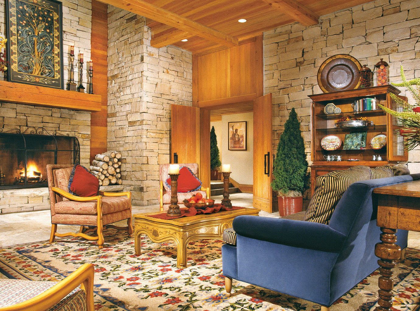 Fireplace Lodge Lounge Rustic living room property home cottage farmhouse log cabin mansion recreation room