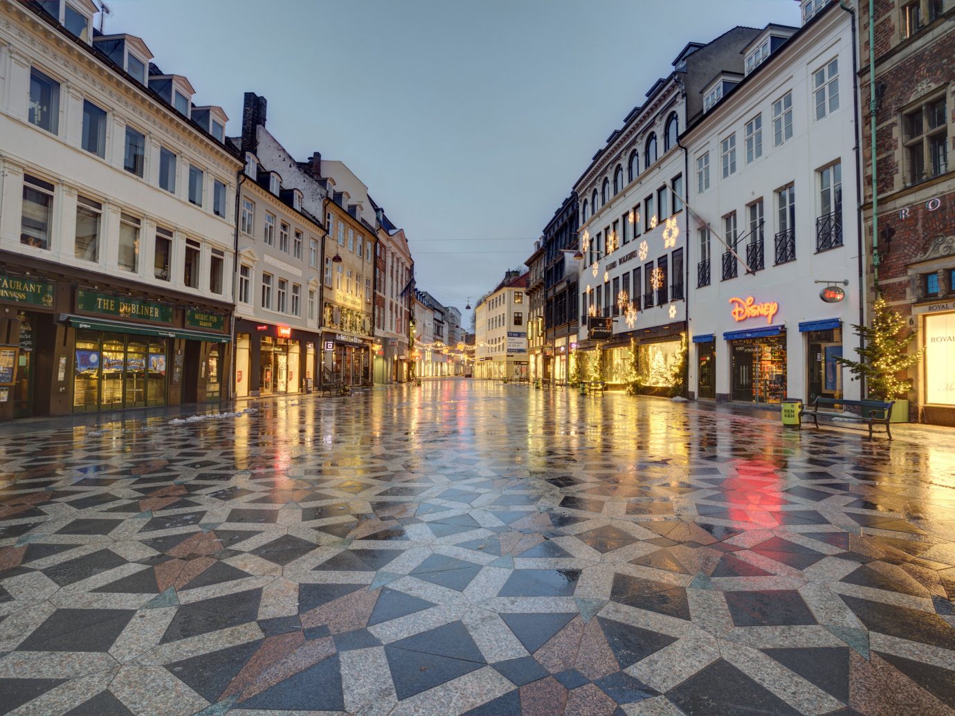 Copenhagen Denmark Trip Ideas Town reflection water City town square street sky evening building tourist attraction road surface Downtown facade plaza pedestrian mixed use cobblestone road