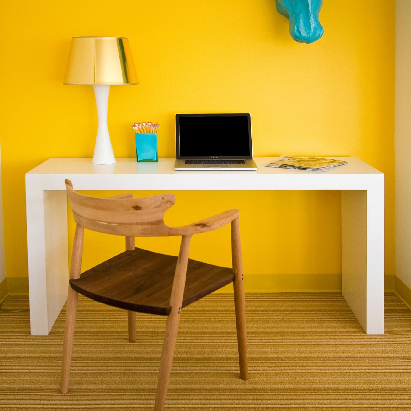 Hip Lounge Luxury Modern yellow desk hardwood living room home flooring shelf office lamp colored