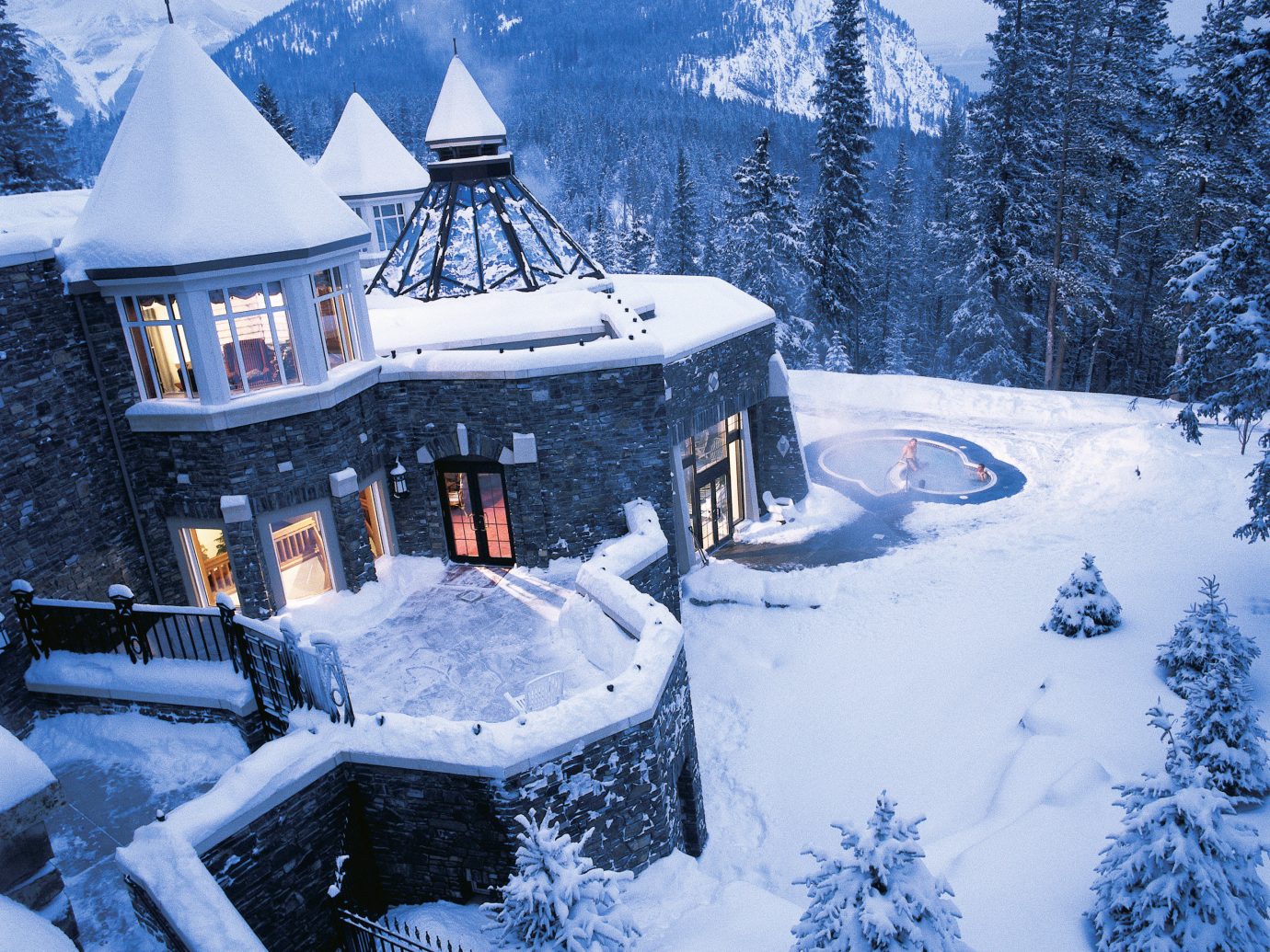Architecture Buildings Exterior Health + Wellness Hotels Mountains Outdoors Resort Scenic views Spa Retreats Trip Ideas snow outdoor tree sky Winter Nature weather season mountain freezing blizzard