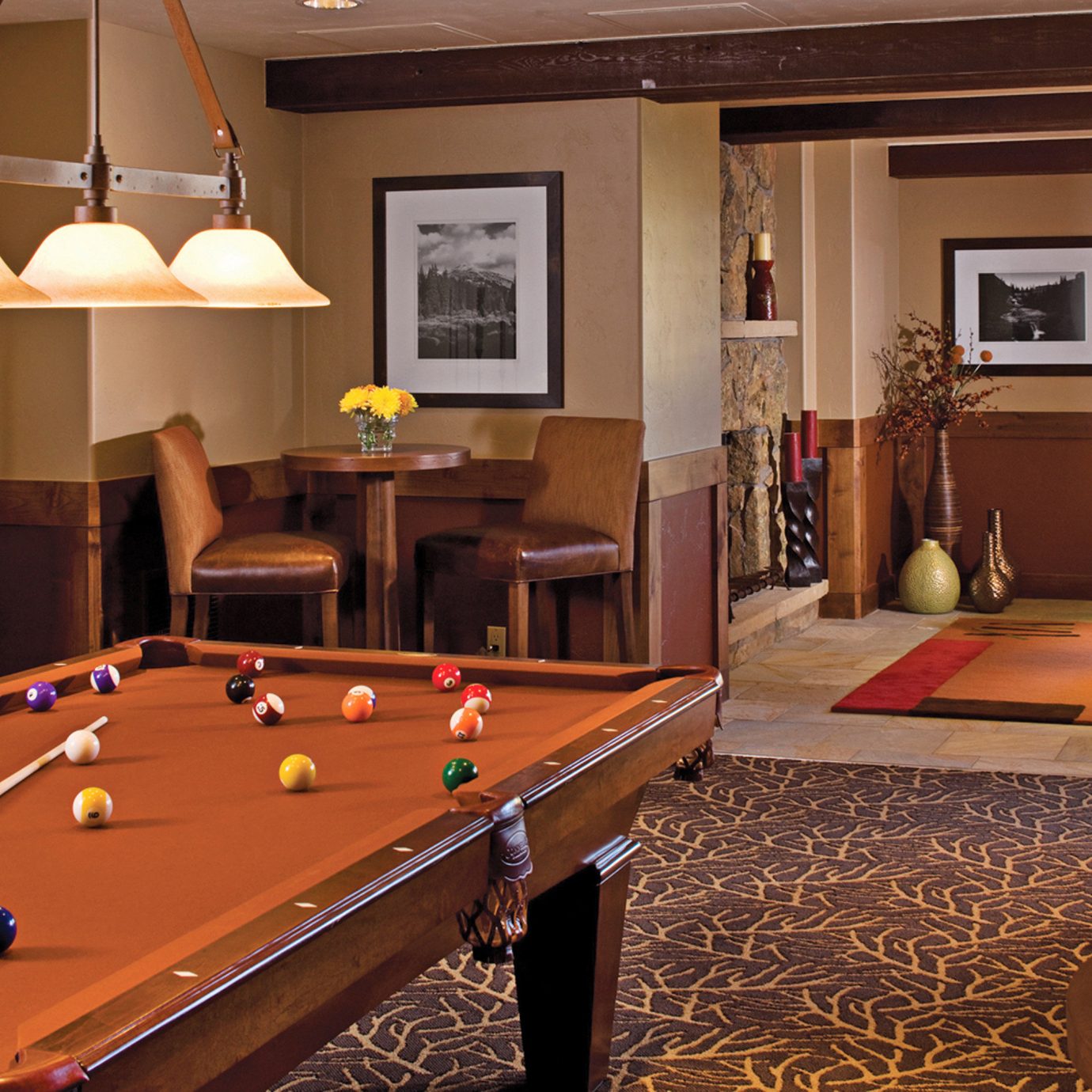 Lodge Lounge Rustic billiard room recreation room pool table poolroom hardwood billiard table living room indoor games and sports