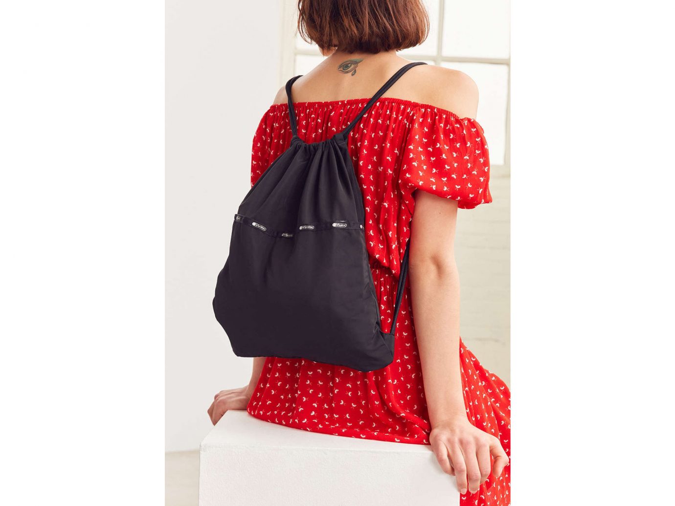 Style + Design red clothing indoor person shoulder polka dot bag Design joint pattern handbag product swimsuit top neck blouse sleeve tartan dressed