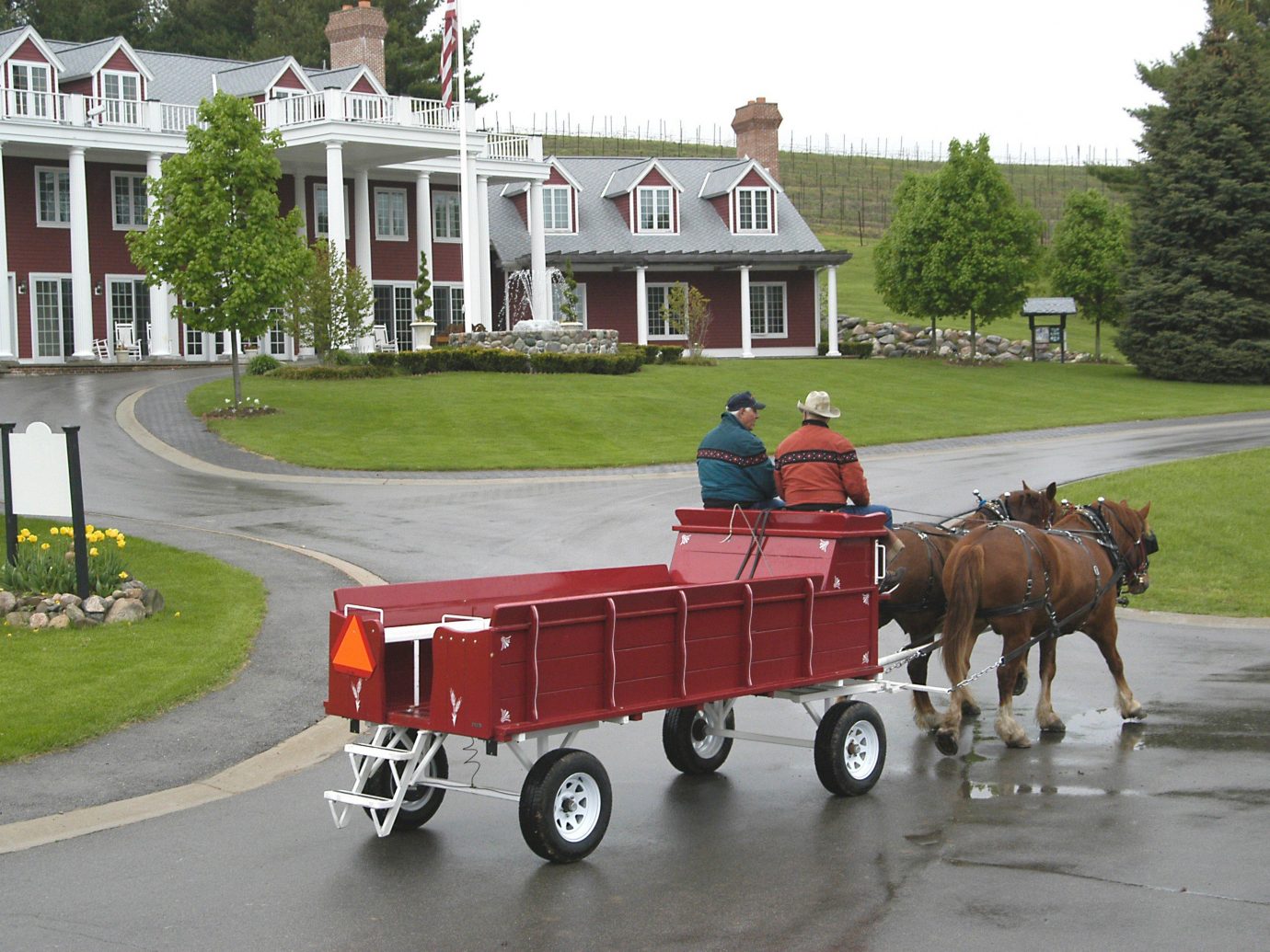 Hotels road outdoor grass sky pulling carriage transport drawn horse and buggy vehicle street red cart horse like mammal Farm horse-drawn vehicle pulled