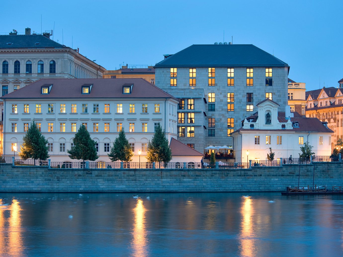 Architecture Buildings Cultural europe Exterior Hotels Landmarks Outdoors Prague water sky building outdoor Town reflection landmark cityscape house River evening Downtown estate dusk waterway palace castle