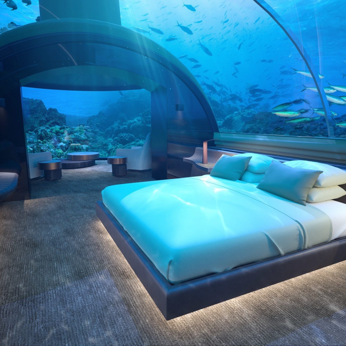 asia Beach Hotels Islands Maldives News blue underwater marine biology aquarium interior design