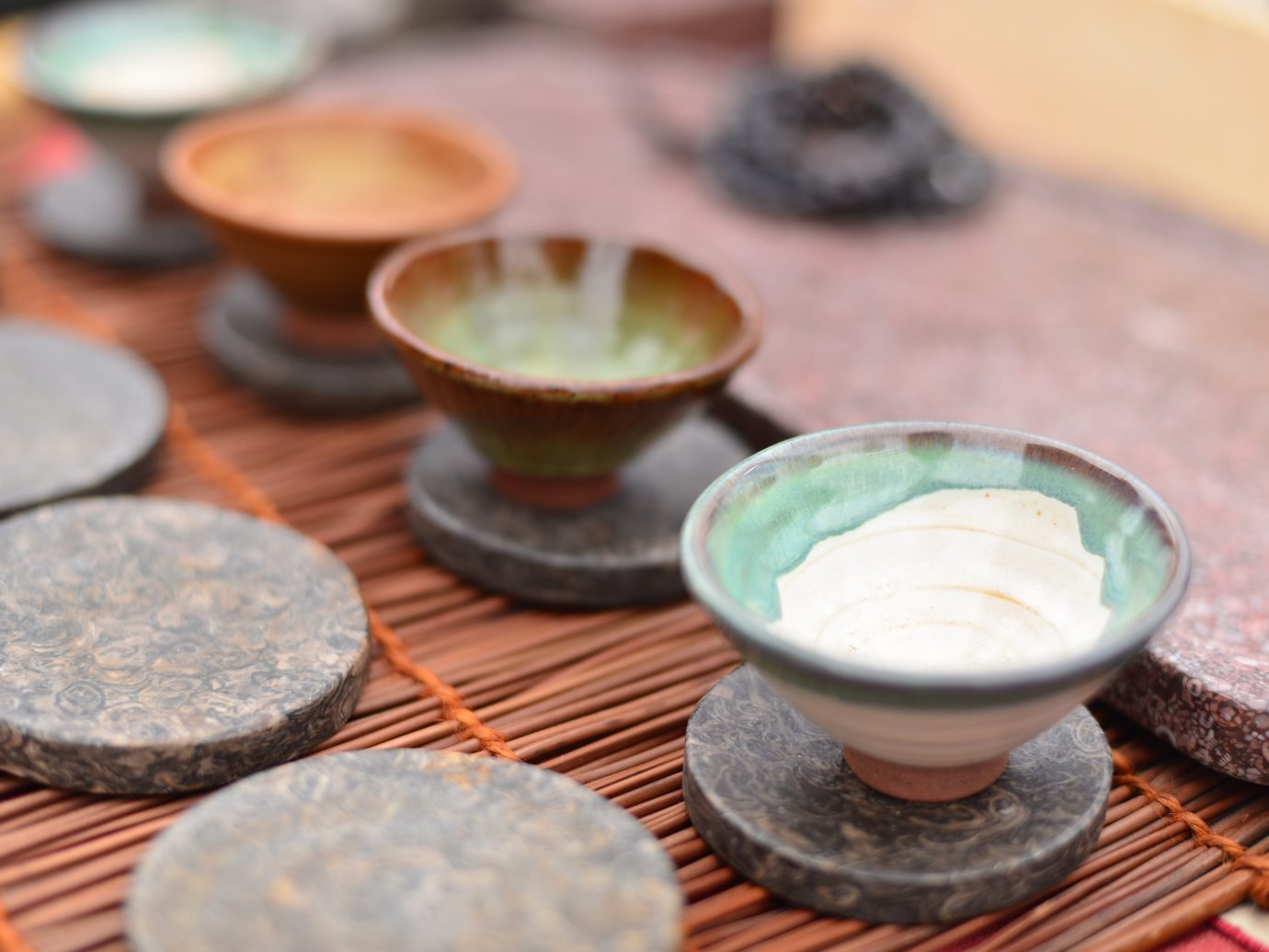pottery tea set on market stall for sale.