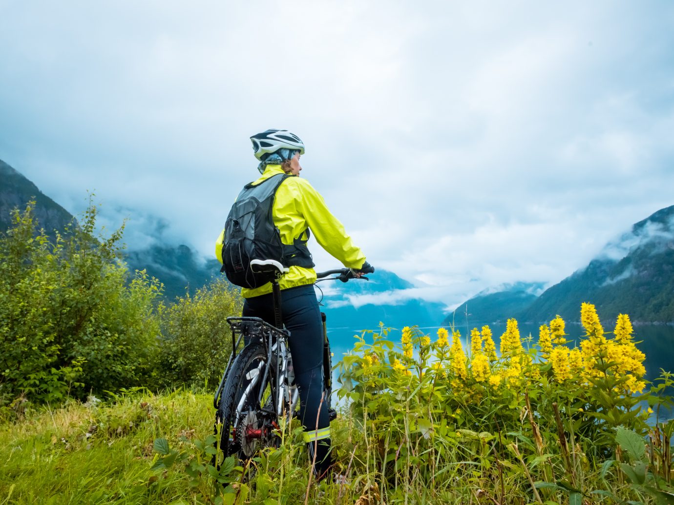 Mountain bike cyclist near fjord, summer Norway