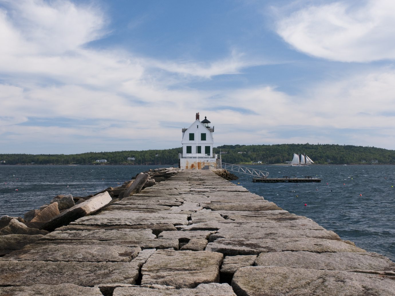 A view of the Rockland Breakwater Lighthouse seen from the breakwater on Jameson Point in Rockland, Maine.