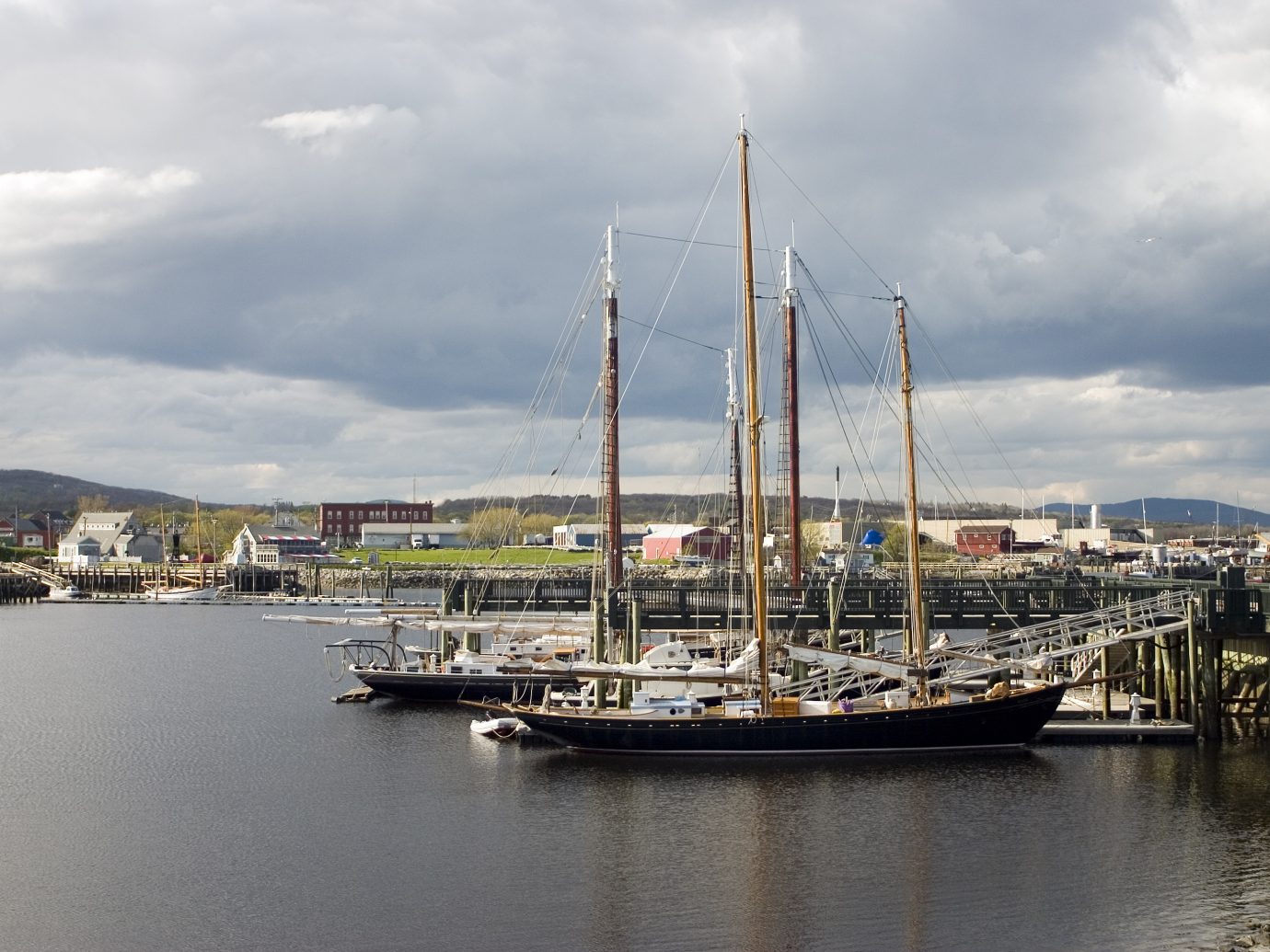 Three masted schooners docked in Rockland Harbor, Maine.