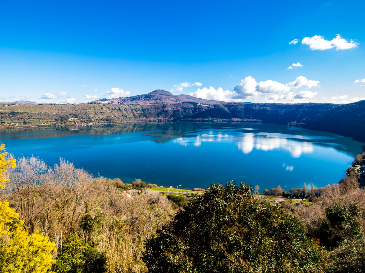 Lake Albano, a small volcanic crater lake in the Alban Hills of Lazio, near Rome, Italy