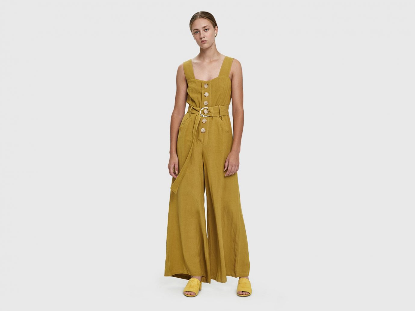Farrow Willy Buttoned Linen Jumpsuit in Mustard