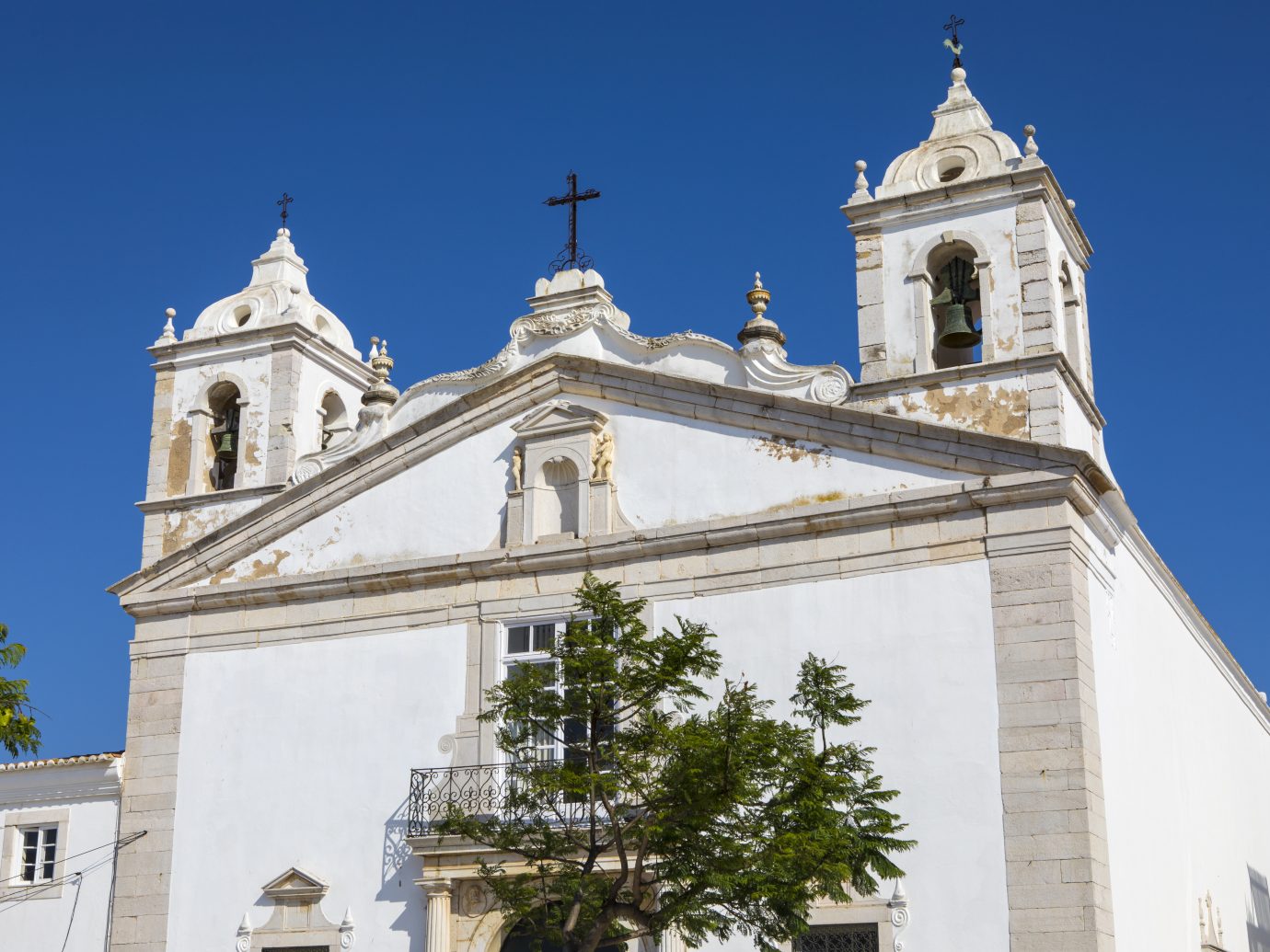 The exterior of Igreja de Santa Maria, or Church of Santa Maria, in the historic old town of Lagos in Portugal.