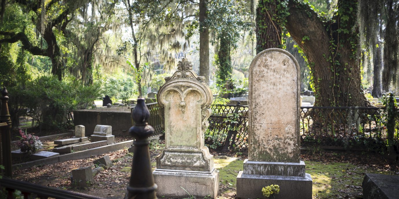 Tombstones and gravesite at Bonaventure Cemetery, Savannah, Georgia.