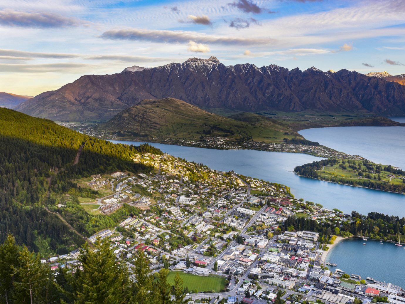 Aerial shot of a bay city in New Zealand