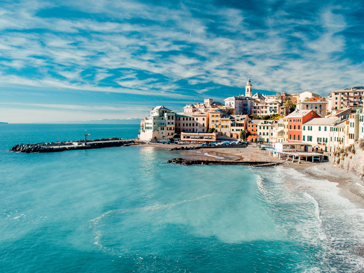 View of blue water in Genoa, Italy