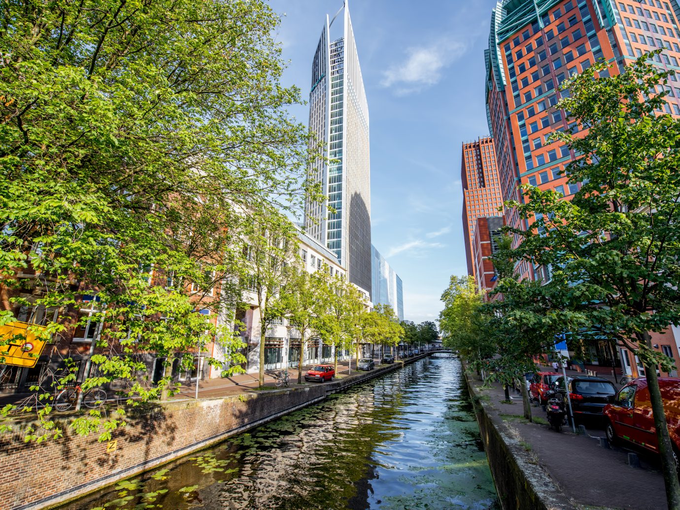 View on the water channel and beautiful skyscrapers in Haag city, Netherlands