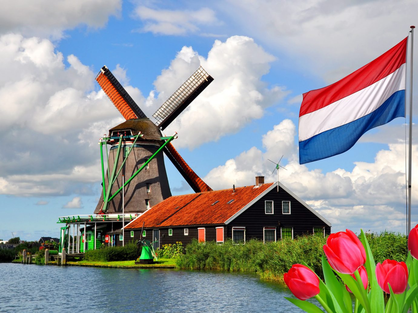 Traditional dutch windmill and house in Zaanse Schans, Netherlands, Europe