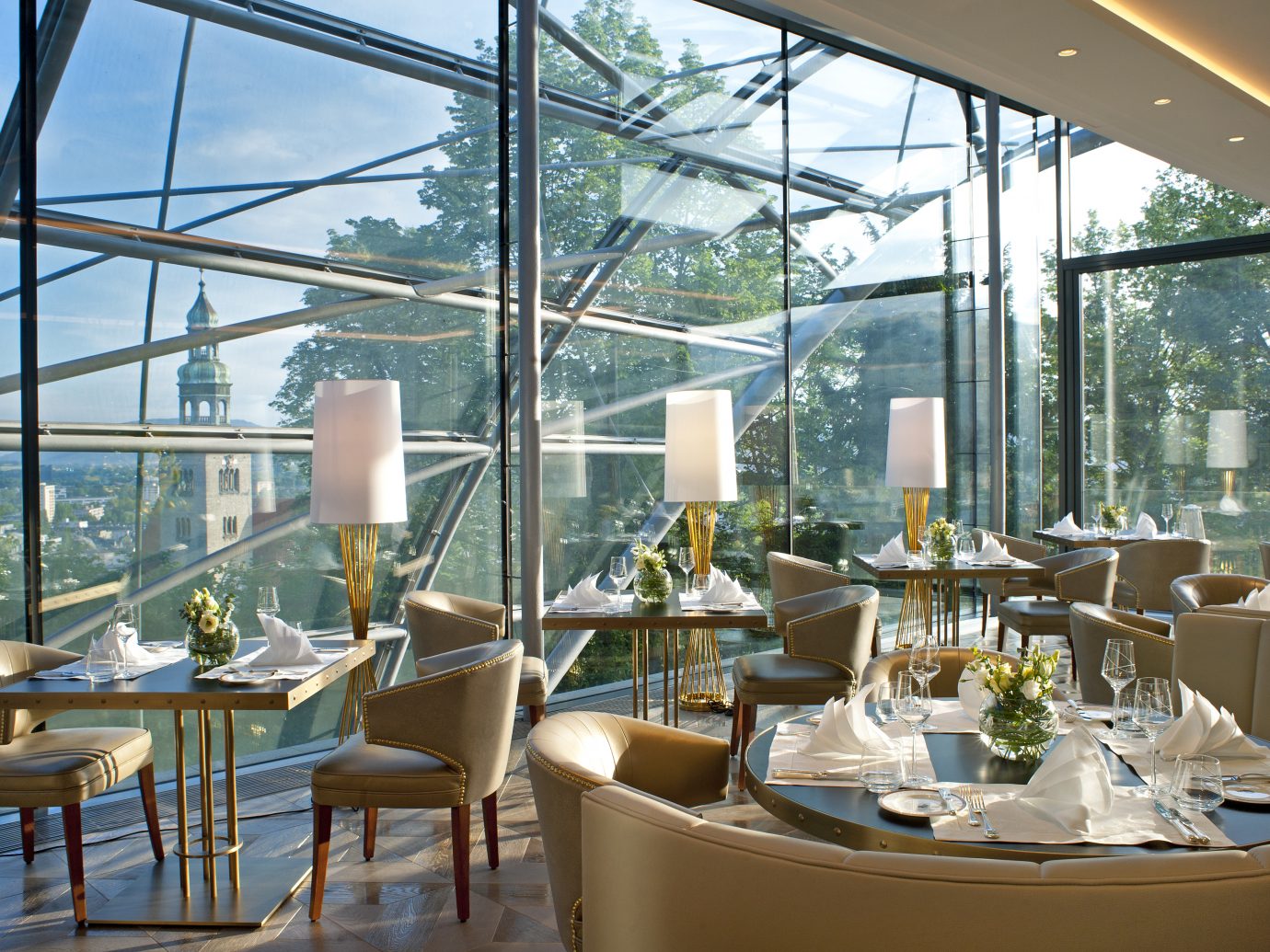 the dining room at Schloss Mönchstein Hotel in Salzburg, Austria