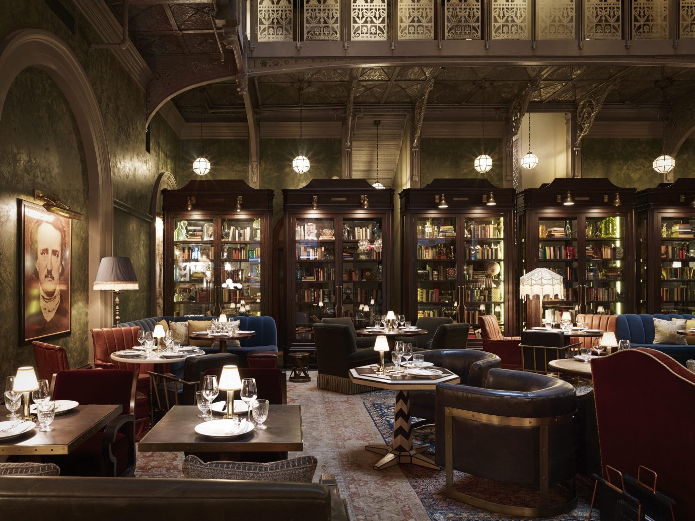 interior of a room that looks like a fancy library but is a bar