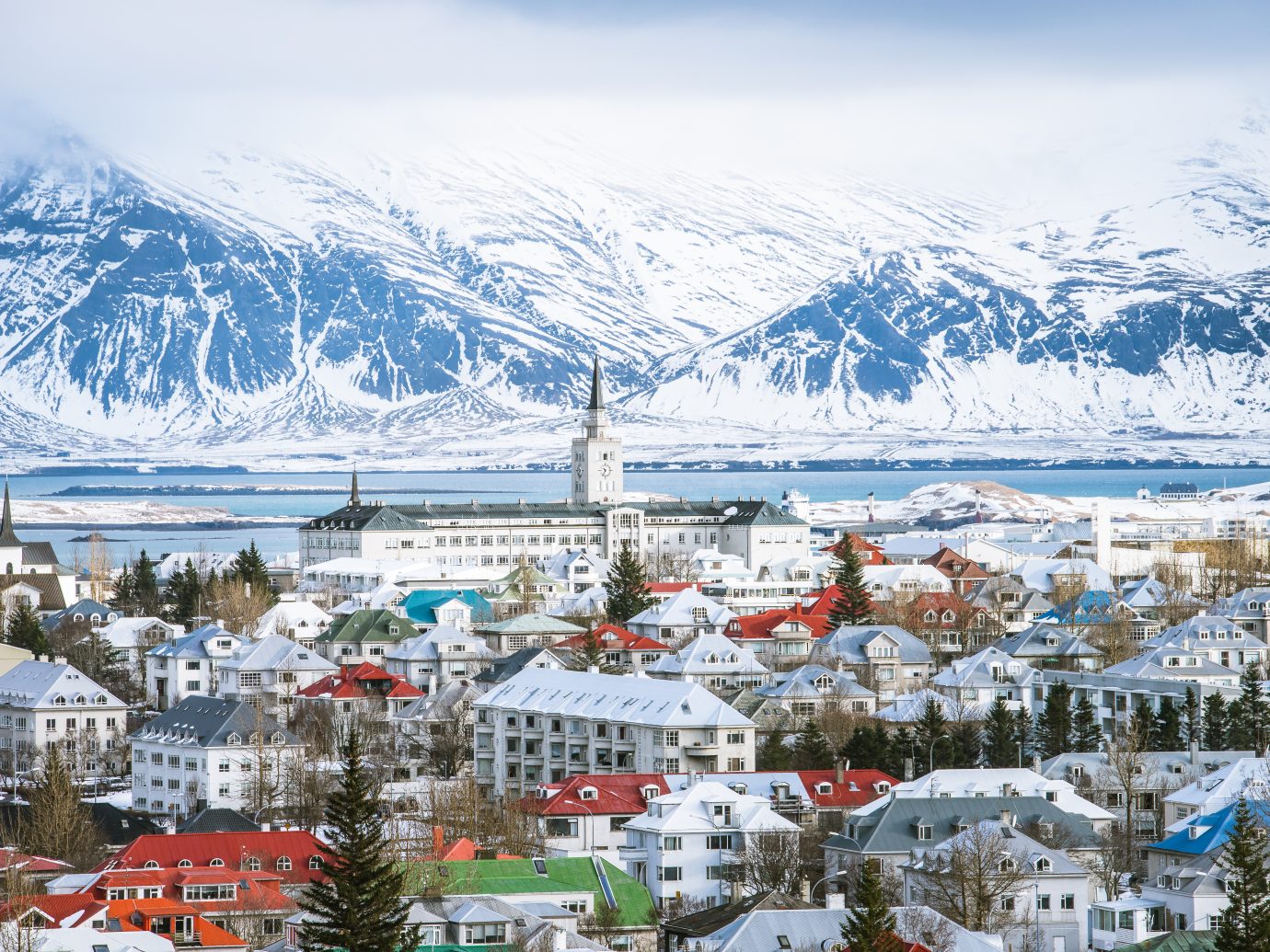 Reykjavik iceland in winter view from above