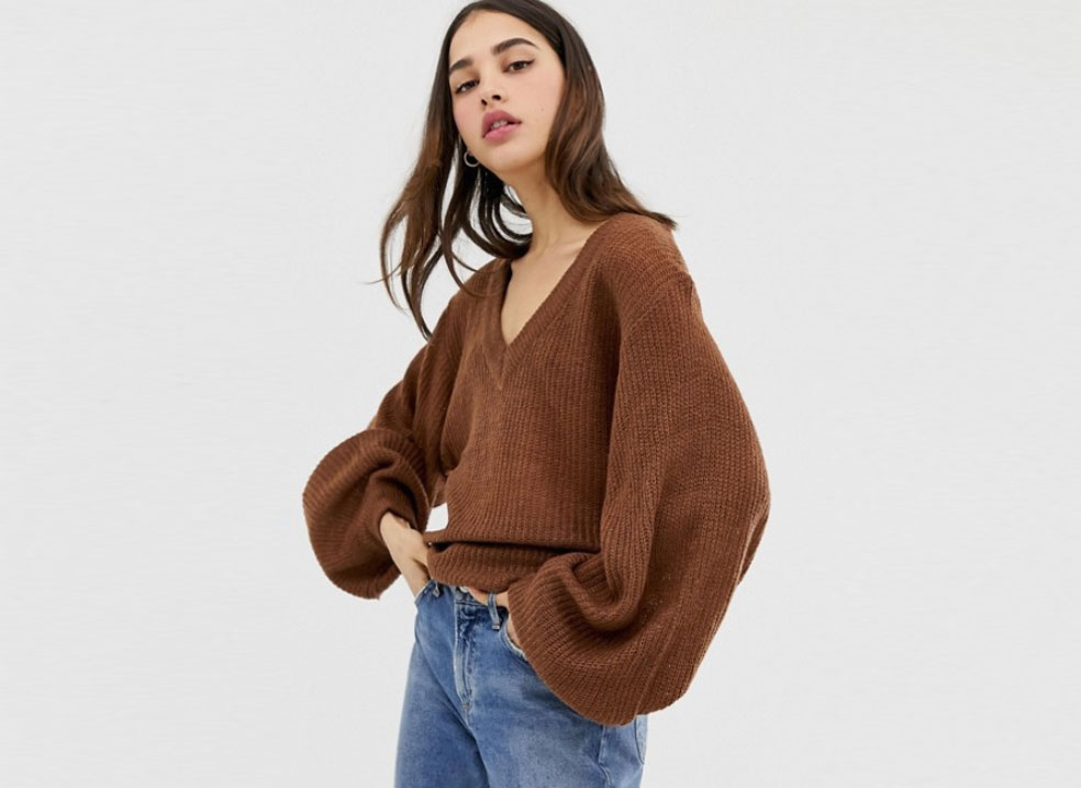 Brave Soul Harrio V-Neck Sweater with Wide Sleeves