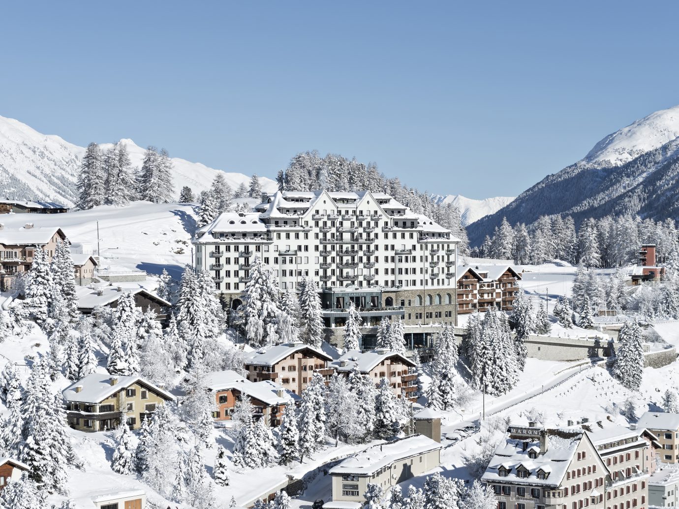 Arial view of Carlton Hotel in St. Moritz