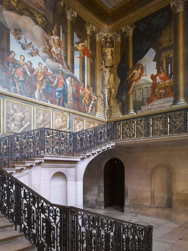 Hampton Court Palace,James Brittain,The King's Staircase, looking south east, showing murals by Antonio Verrio and wrought iron balustrade by Jean Tijou