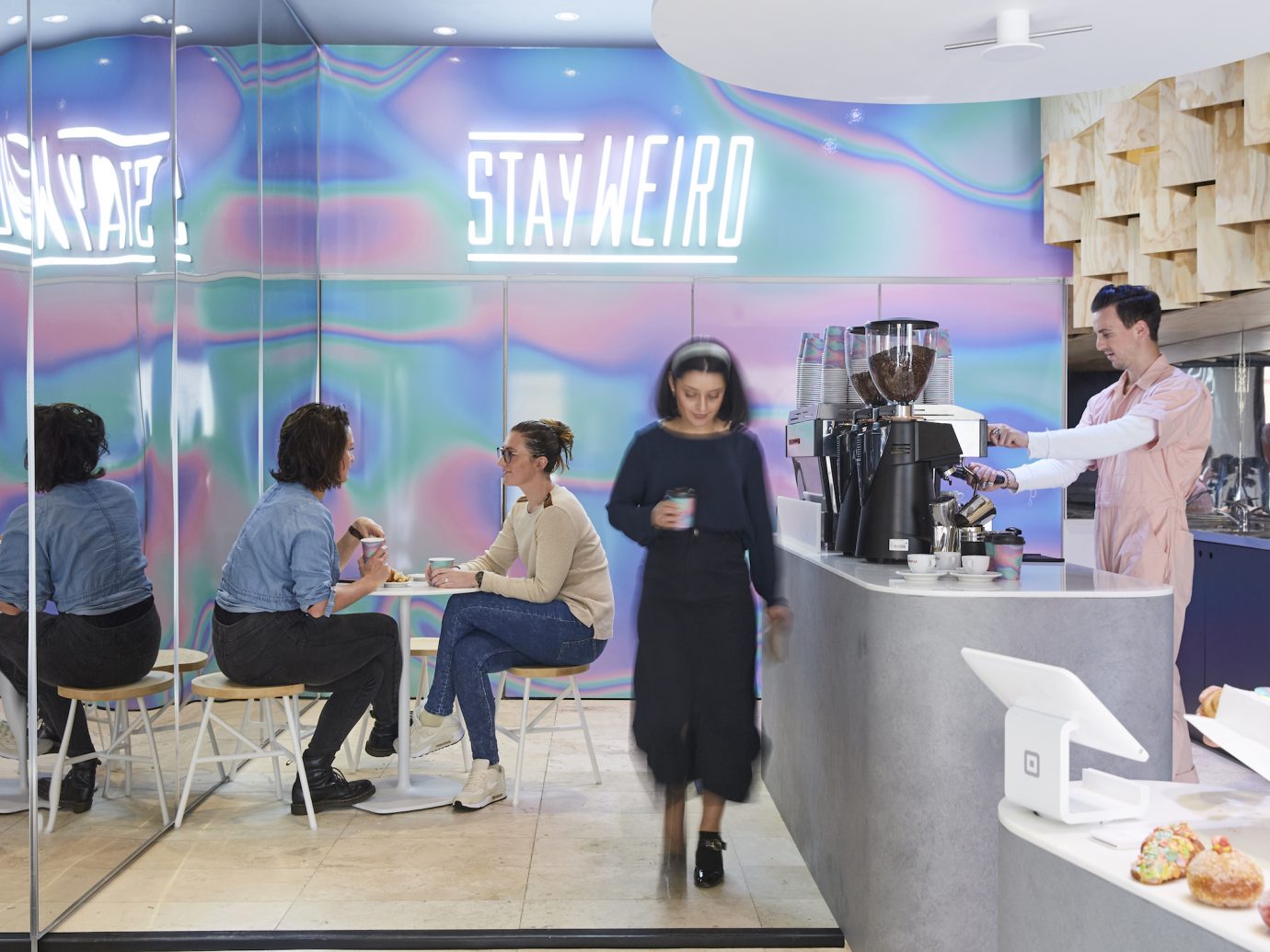 interior of shop with holographic walls at Weirdoughs, Melbourne, AUS