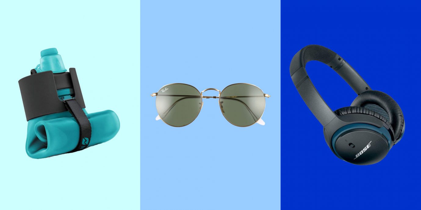 Collage of water bottle, sunglasses, headphones, 18 Essentials You Should NEVER Forget to Pack