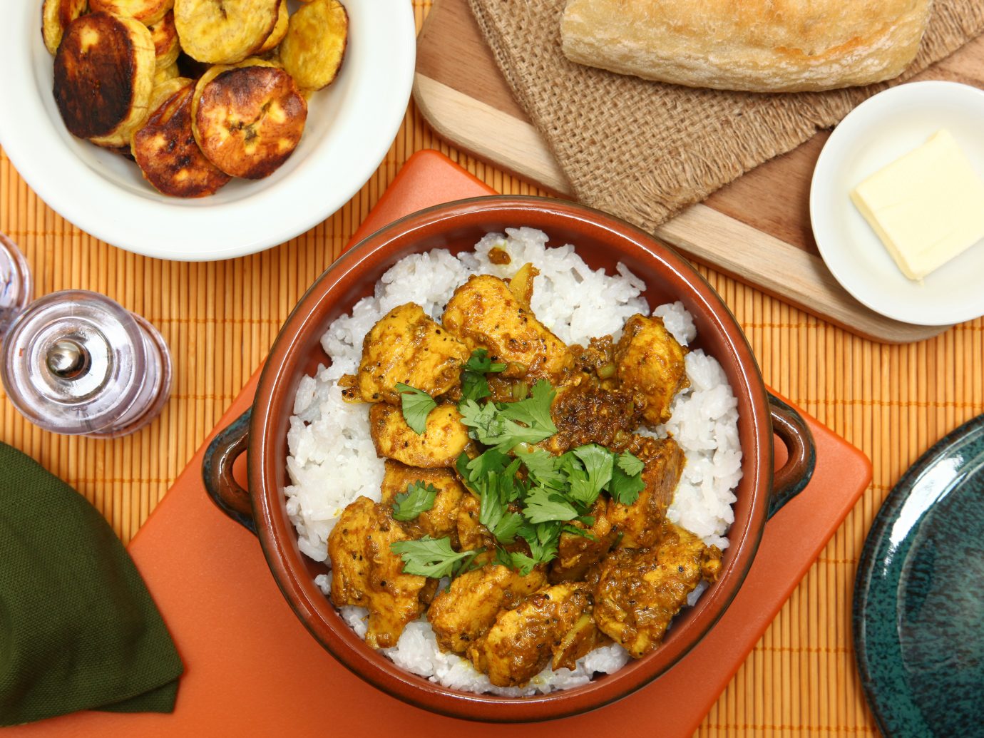 Caribbean Chicken Curry with Roasted Plantain and Coconut Rice