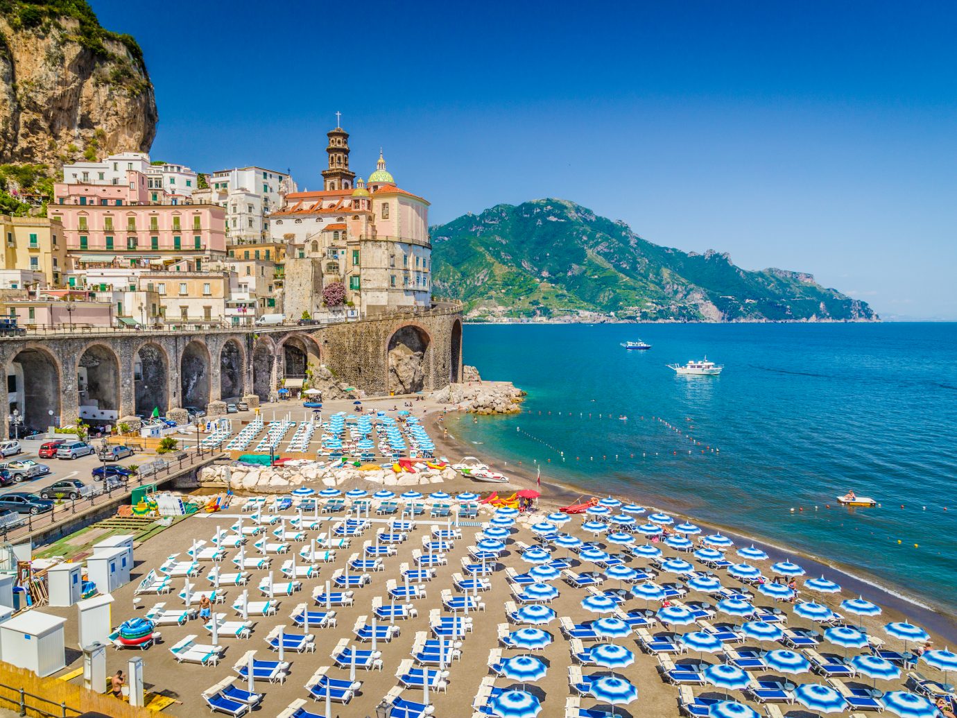 town of Atrani at famous Amalfi Coast with Gulf of Salerno, Campania, Italy.
